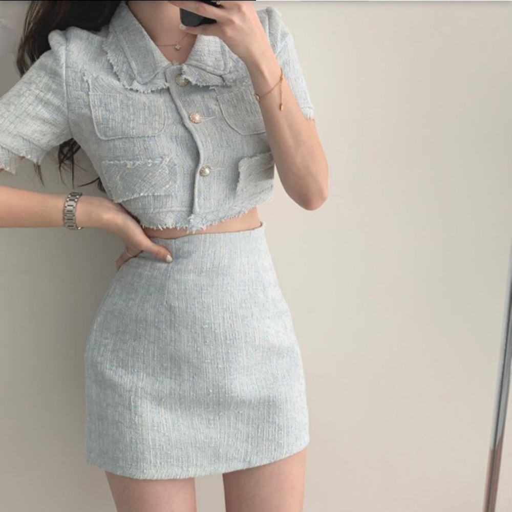 tweed short sleeve cropped jacket and mini pencil skirt